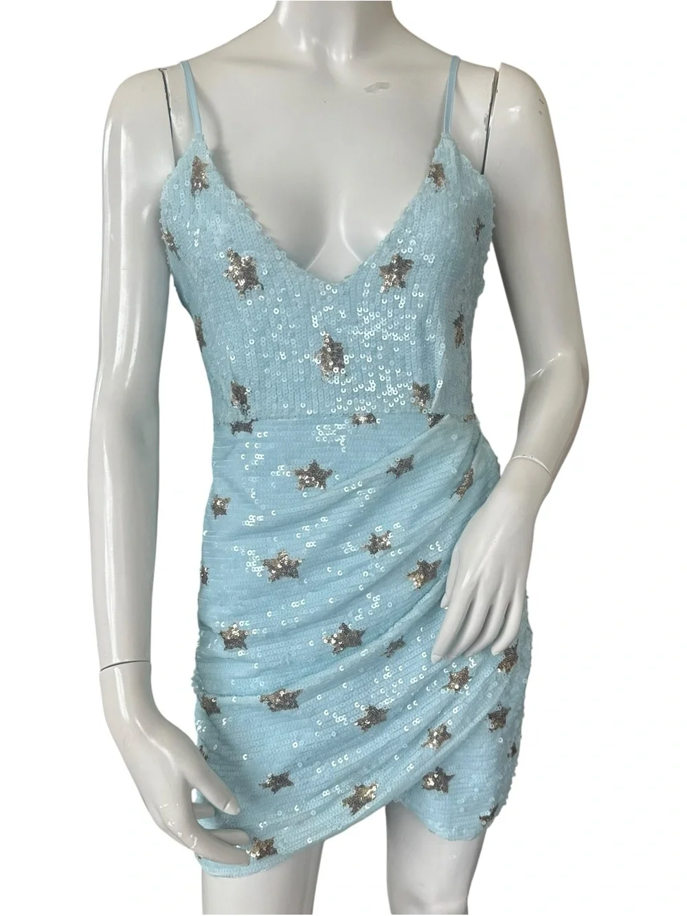 Superdown Dina Sky Blue Gold Star Print Sequin Ruched Front Mini Dress Sz Small